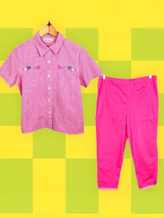 Vintage Pants - Blair Vintage 90s Gingham Floral Embroidered Picnic Cottagecore Pant Set Pink